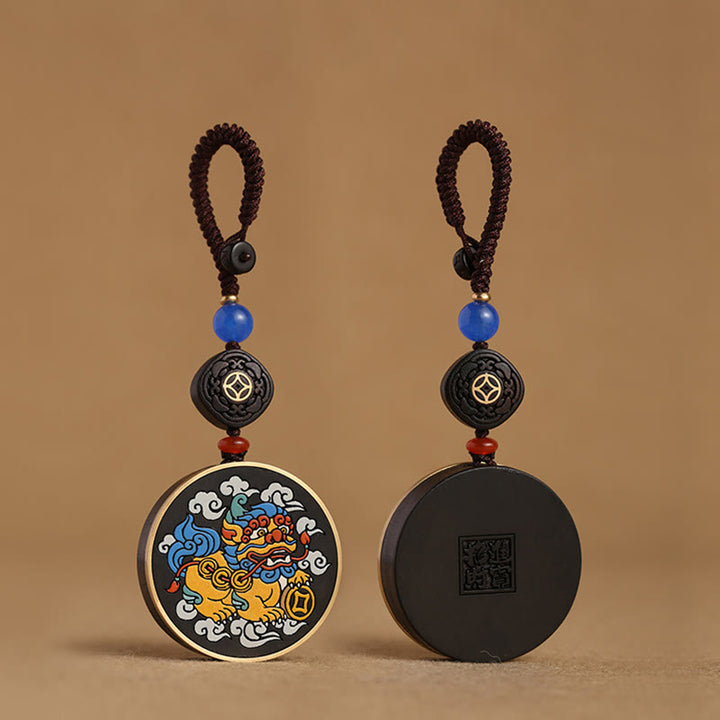 Buddha Stones PiXiu Moneta di rame Legno di ebano Fortuna Attrarre Ricchezza Portachiavi Decorazione