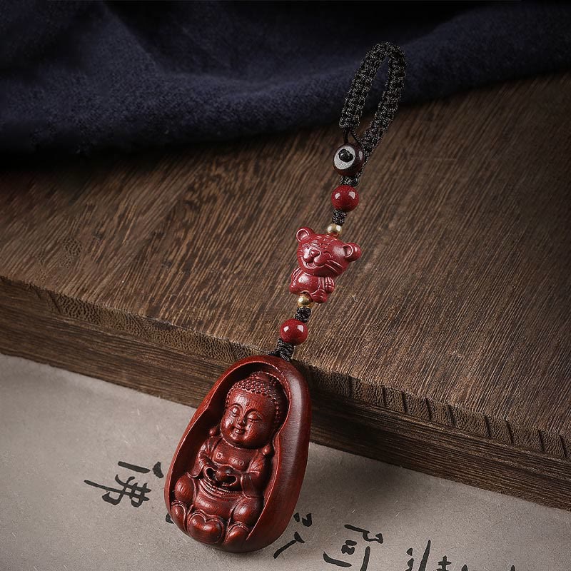 Buddha Stones Piccola foglia Sandalo rosso Buddha Cinabro Zodiaco cinese Amuleto Protezione Portachiavi
