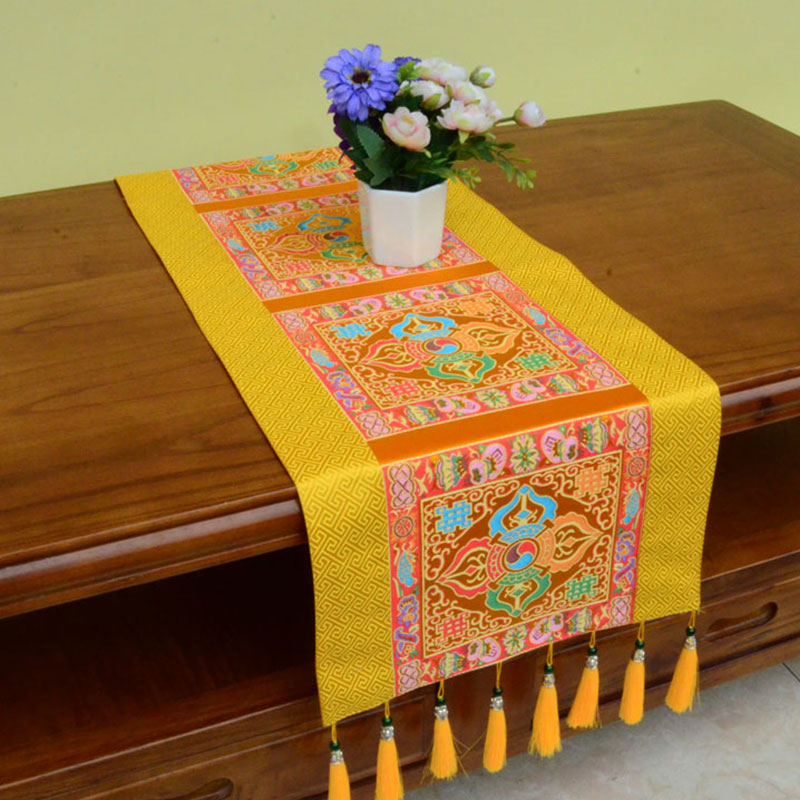 Buddha Stones Tappetino per l'altare della preghiera Man-Bcu Kalachakra Nodo infinito Vajra Simboli tibetani di buon auspicio Nappe Runner da tavolo