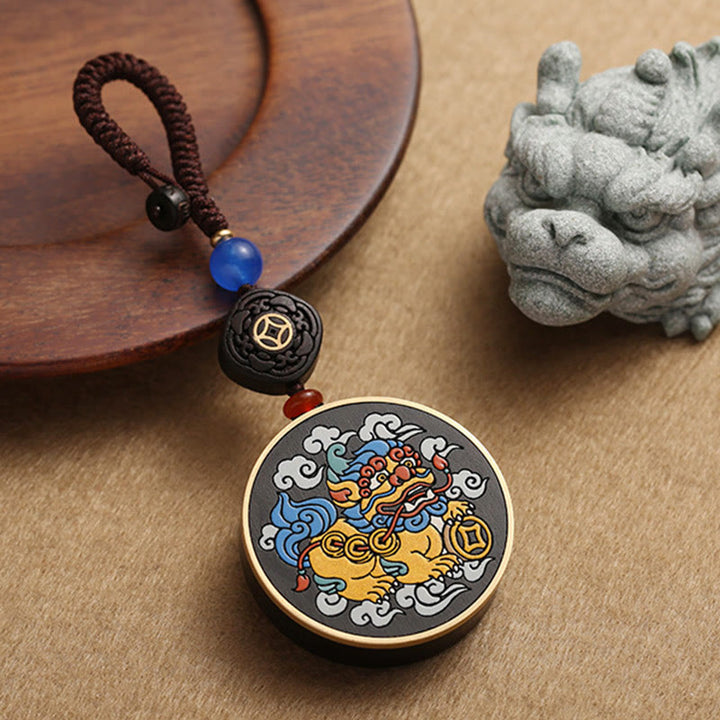 Buddha Stones PiXiu Moneta di rame Legno di ebano Fortuna Attrarre Ricchezza Portachiavi Decorazione