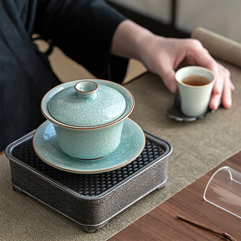 Buddha Stones Retro Green Ice Glaze Ceramic Gaiwan Sancai Tazza da tè Kung Fu Tazza da tè e piattino con coperchio