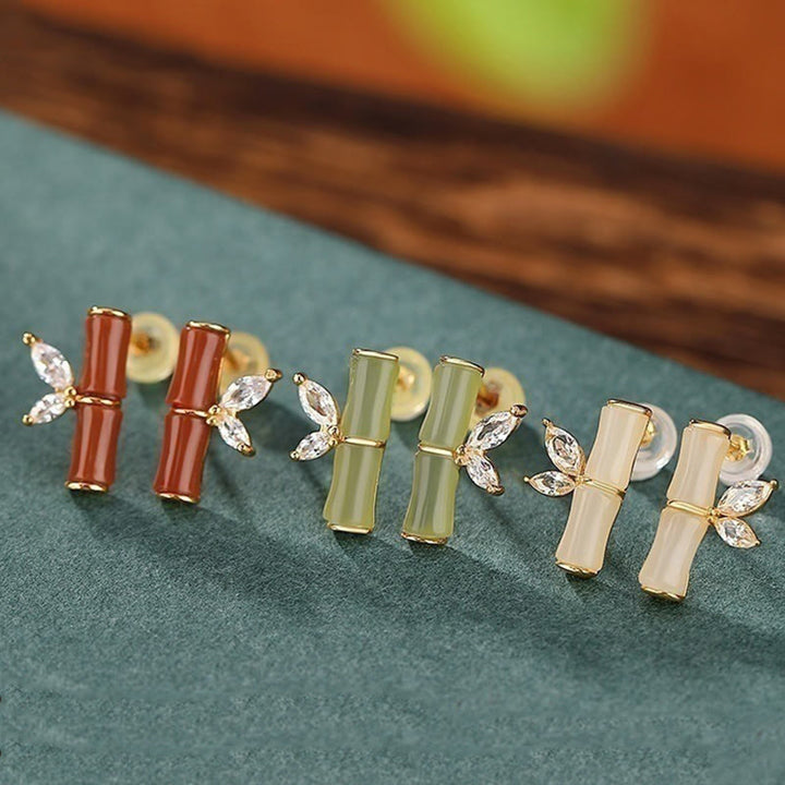 Orecchini a bottone con motivo di bambù e agata rossa, in argento sterling 925, Buddha Stones e giada ciano di Hetian, giada bianca e motivo di bambù