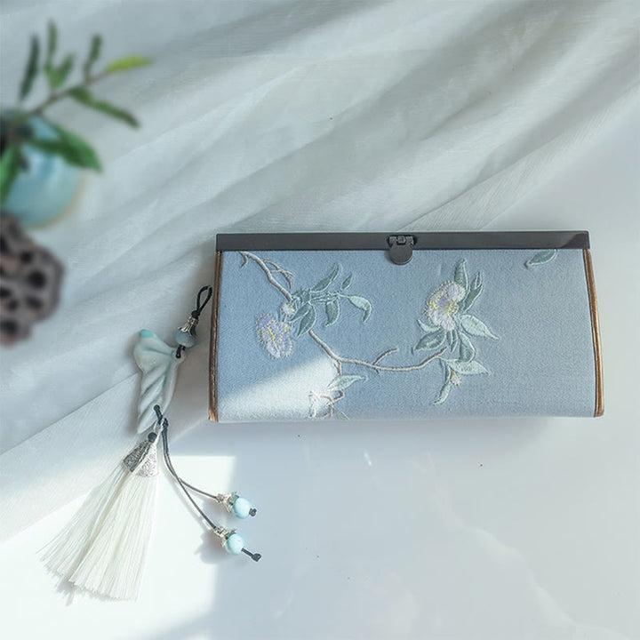 Portafoglio portasoldi grande capacità con ricamo a doppia faccia, Buddha Stones, fiori di prugna, fiori di pesco, bambù, borsa per la spesa - image 12