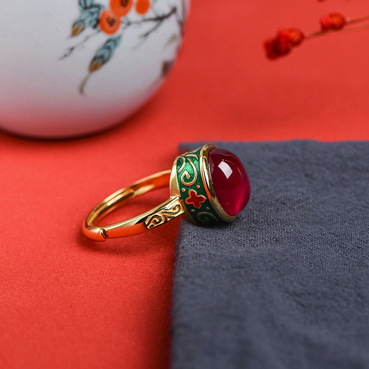 Anello Buddha Stones 925 Sterling Silver Corindone Rosso Coraggio