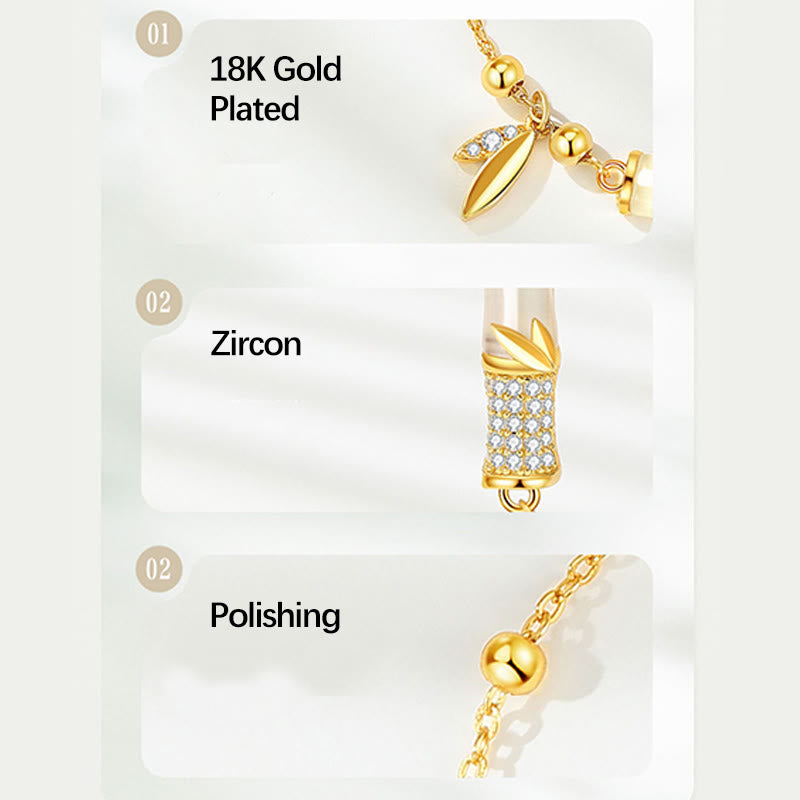 Bracciale Buddha Stones in argento sterling 925 placcato oro 18K con foglia di giada bianca e zircone di bambù