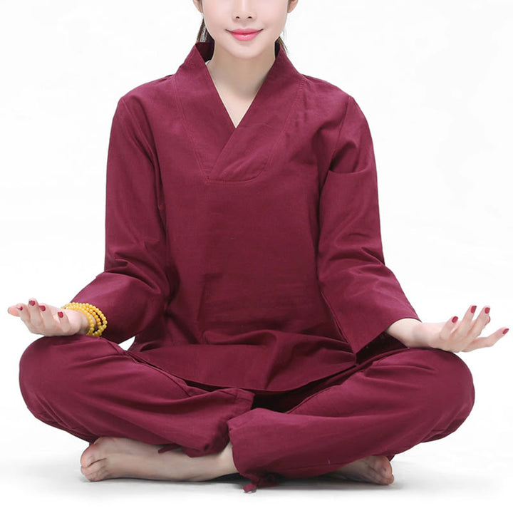 Buddha Stones Zen Pratica Yoga Meditazione Preghiera Scollo a V Design Uniforme Cotone Lino Abbigliamento Donna Set - Rosso scuro - US6, UK/AU10, EU38 (2XL) - image 0
