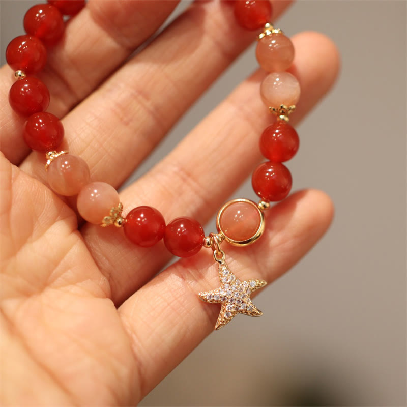 Braccialetto della ricchezza con stella di cristallo di agata rossa, pietra del sole, pietra di luna e pesca