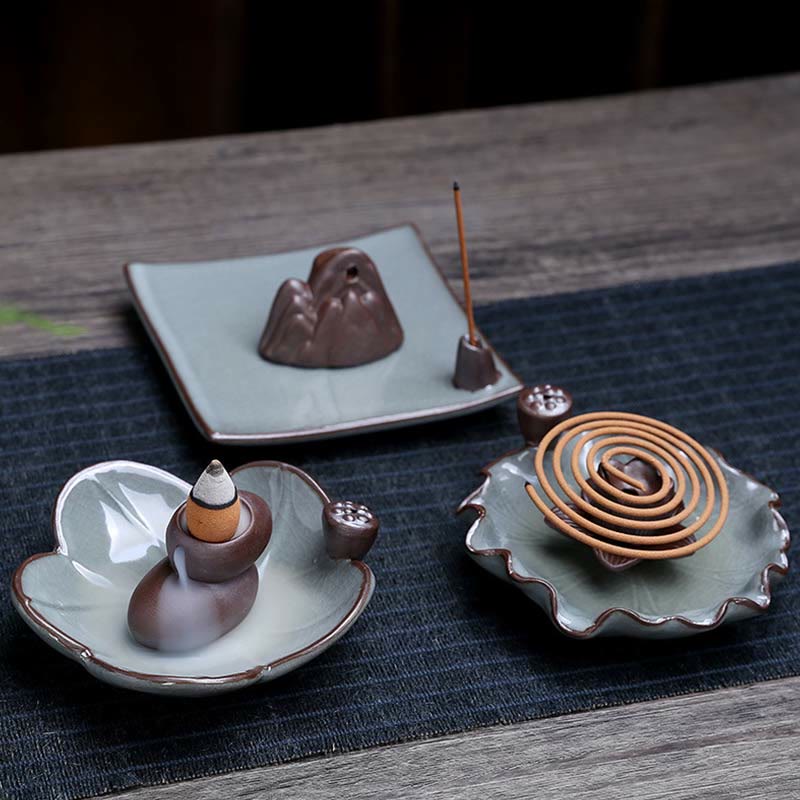 Bruciatore di incenso spirituale a riflusso quadrato in ceramica con fiore di prugna di loto