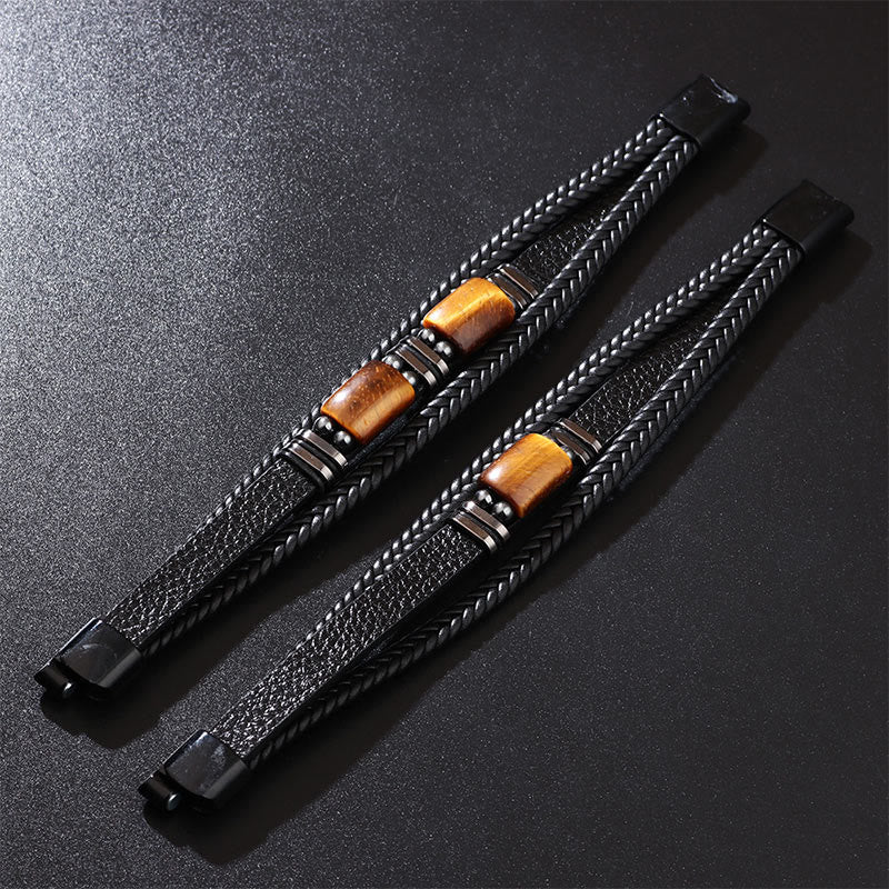 Braccialetto in pelle multistrato con fibbia magnetica e occhio di tigre Buddha Stones