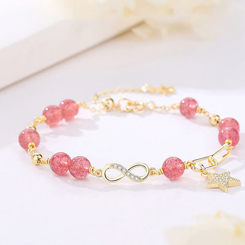 Buddha Stones 14K placcato oro naturale quarzo fragola pietra di luna Möbius Loop Eternal Love Star Bracciale positivo