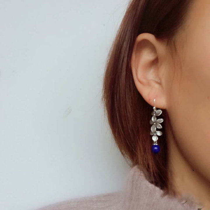 Orecchini pendenti con ciondolo a forma di fiore, foglia, turchese, lazurite, pietre Buddha Stones , argento sterling 925