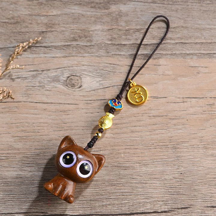 Buddha Stones Sandalo verde Gatto fortunato Pesce Koi Cura Portachiavi Telefono Appeso Decorazione - Decorazione da appendere al telefono a forma di gatto in legno di sandalo verde - image 3