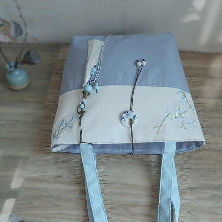 Borsa a tracolla grande capacità in tela con ricamo in bambù, prugna, fiore di pera, pesco