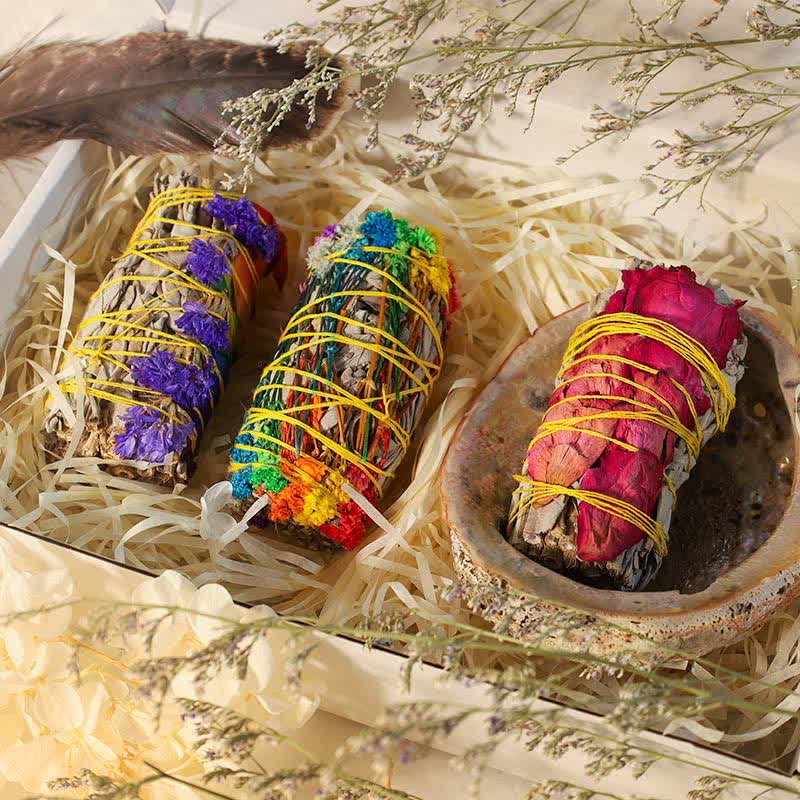 Buddha Stones, margherite colorate, fiori di rosa rossa, bastoncino di sbavatura per la pulizia della casa, incenso, guarigione, meditazione, bastoncino di sbavatura, rituali, set
