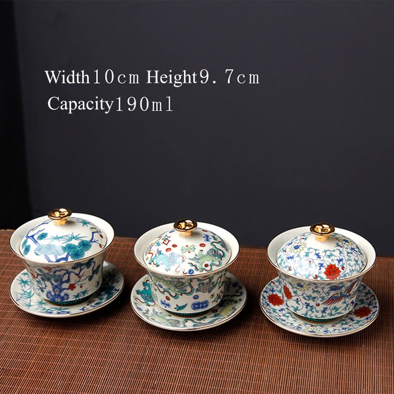 Buddha Stones Retro Prugna Fiore Pino Bambù Fenice Kirin Ceramica Gaiwan Sancai Tazza da tè Kung Fu Tazza da tè e piattino con coperchio