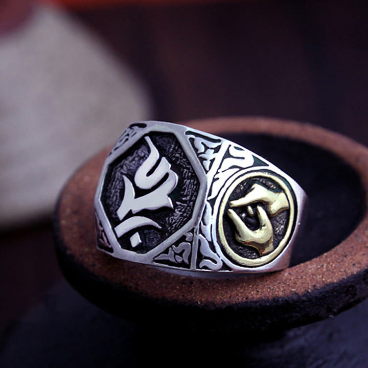 Anello regolabile con protezione intagliata in argento sterling 925 con design sanscrito Buddha Stones - image 23