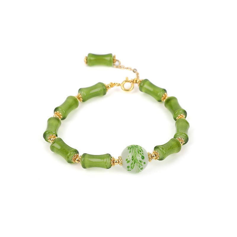Bracciale a catena della ricchezza in agata muschiata con motivo in bambù verde Buddha Stones Liuli