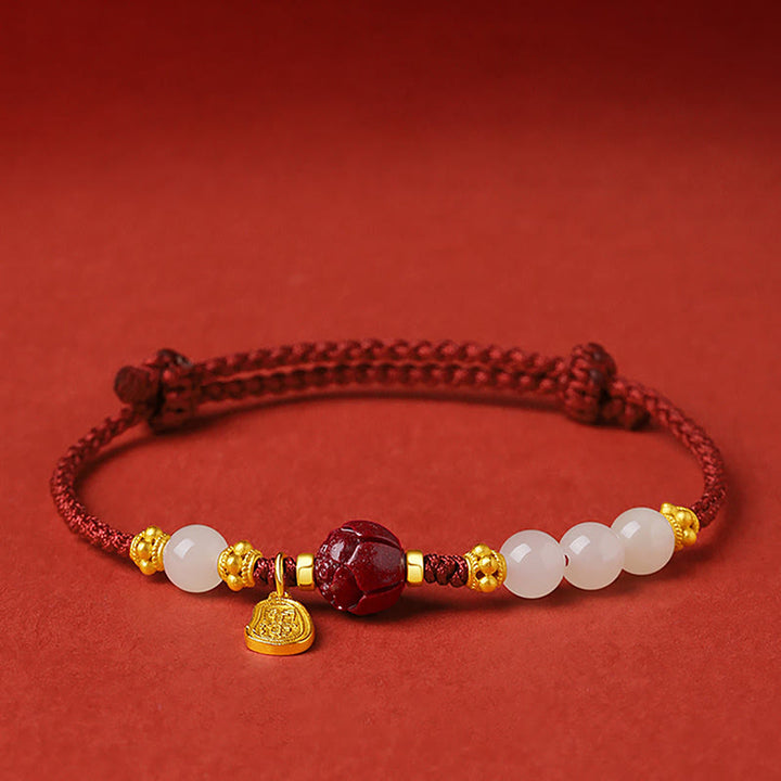 Bracciale Buddha Stones placcato oro 24K Hetian White Jade Cinnabar Lotus Luck Rope