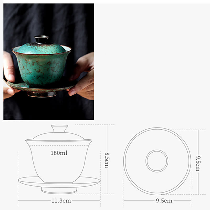 Buddha Stones Retro Green Glaze Ceramic Gaiwan Sancai Tazza da tè Kung Fu Tazza da tè e piattino con coperchio