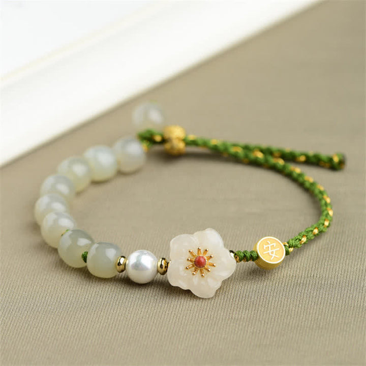 Braccialetto portafortuna in argento sterling 925 con giada naturale Hetian e fiori di pesco