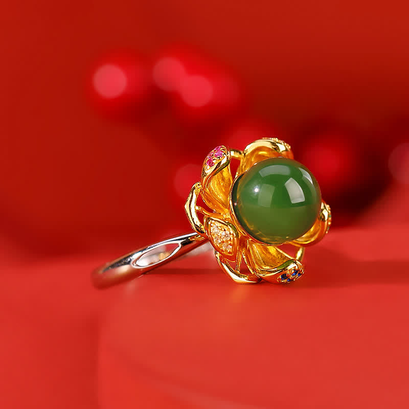 Anello di successo in argento sterling 925 con fiore di loto e giada bianca e giada ciano