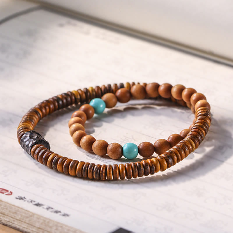 Braccialetto di protezione a doppio giro con Buddha Stones di sandalo, piccola foglia di sandalo rosso e turchese