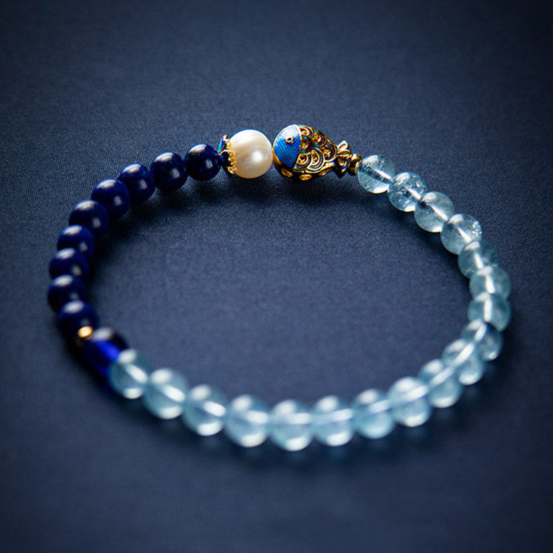 Braccialetto curativo con pesce in lazurite e acquamarina naturale Buddha Stones
