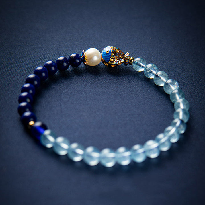 Braccialetto curativo con pesce in lazurite e acquamarina naturale Buddha Stones