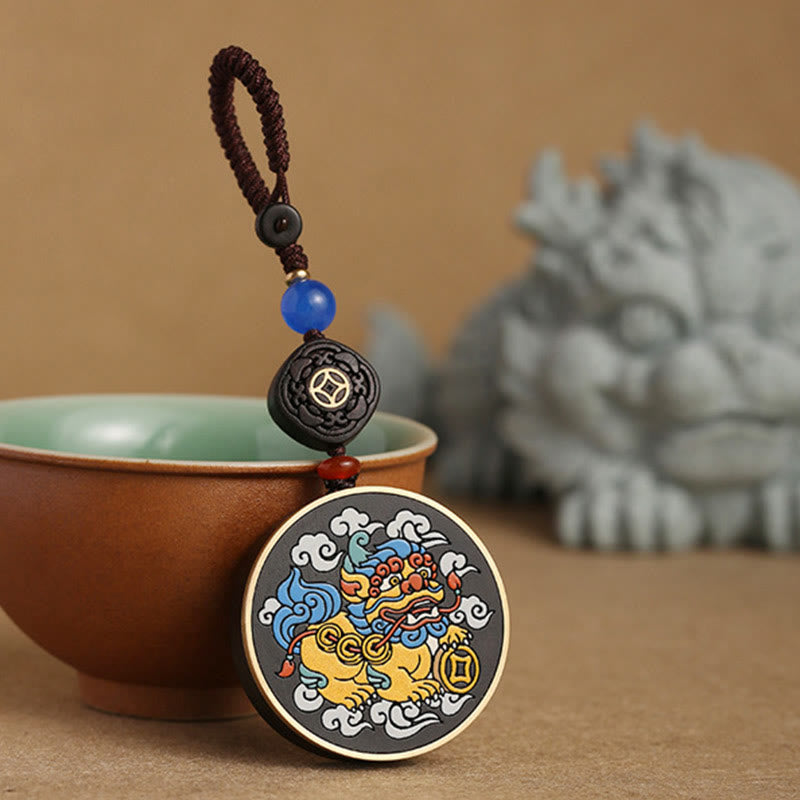 Buddha Stones PiXiu Moneta di rame Legno di ebano Fortuna Attrarre Ricchezza Portachiavi Decorazione