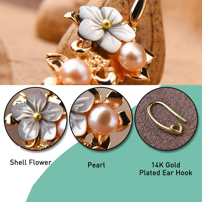 Orecchini pendenti in pietra di tridacna placcata in oro 14K con perle di avventurina verde e fiore di perle Buddha Stones