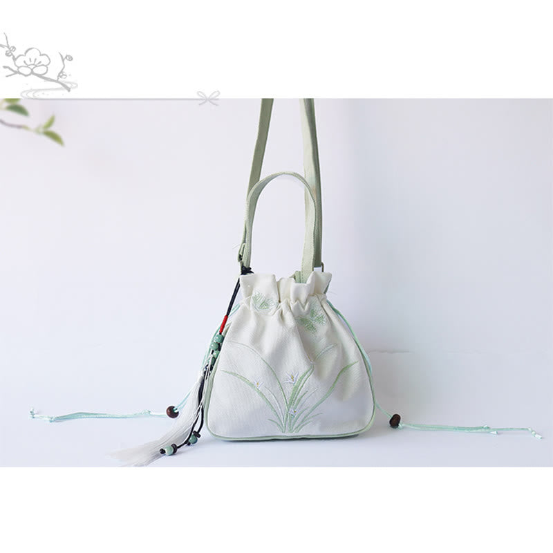 Borsa a tracolla in tela con fiori ricamati a mano con Buddha Stones