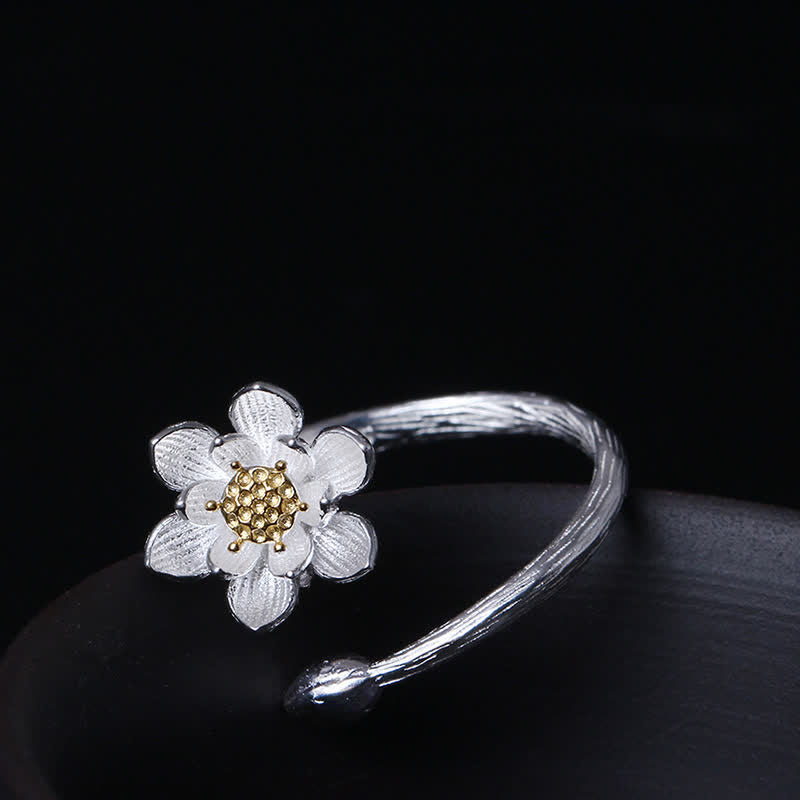 Anello di benedizione del fiore di loto in argento sterling 925 Buddha Stones