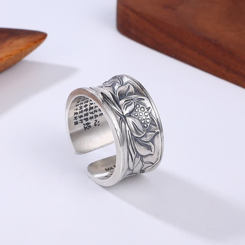 Anello di protezione del sutra del cuore del fiore di loto in argento sterling 999 Buddha Stones