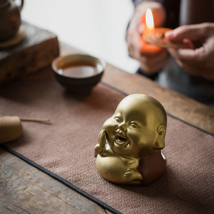 Bruciatore di incenso curativo in ceramica Little Buddha Laughing Buddha