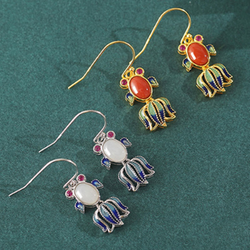 Orecchini pendenti a forma di pesce carino con agata rossa, giada bianca e argento sterling 925