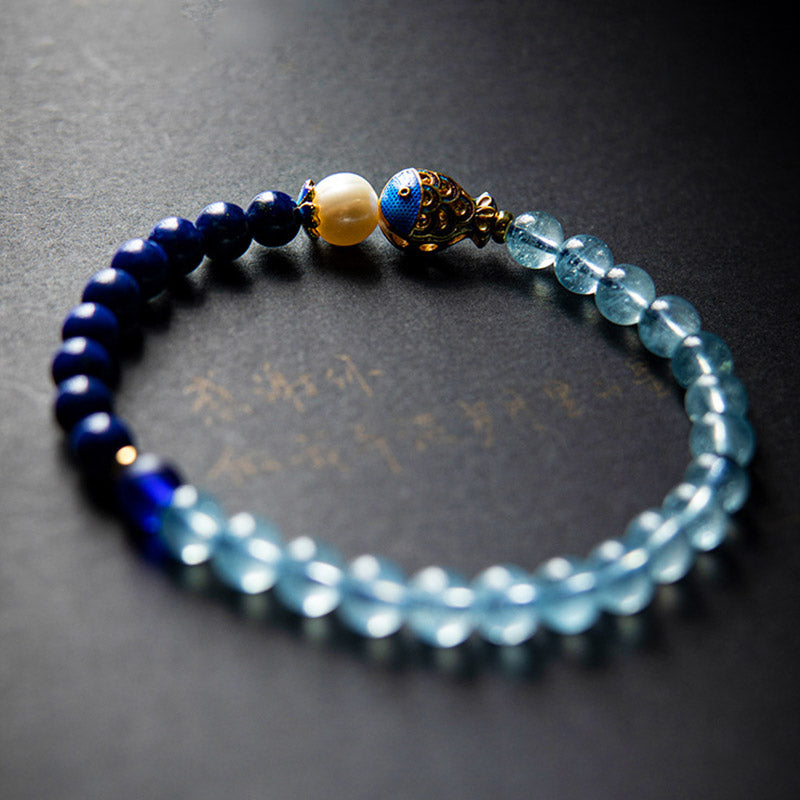 Braccialetto curativo con pesce in lazurite e acquamarina naturale Buddha Stones