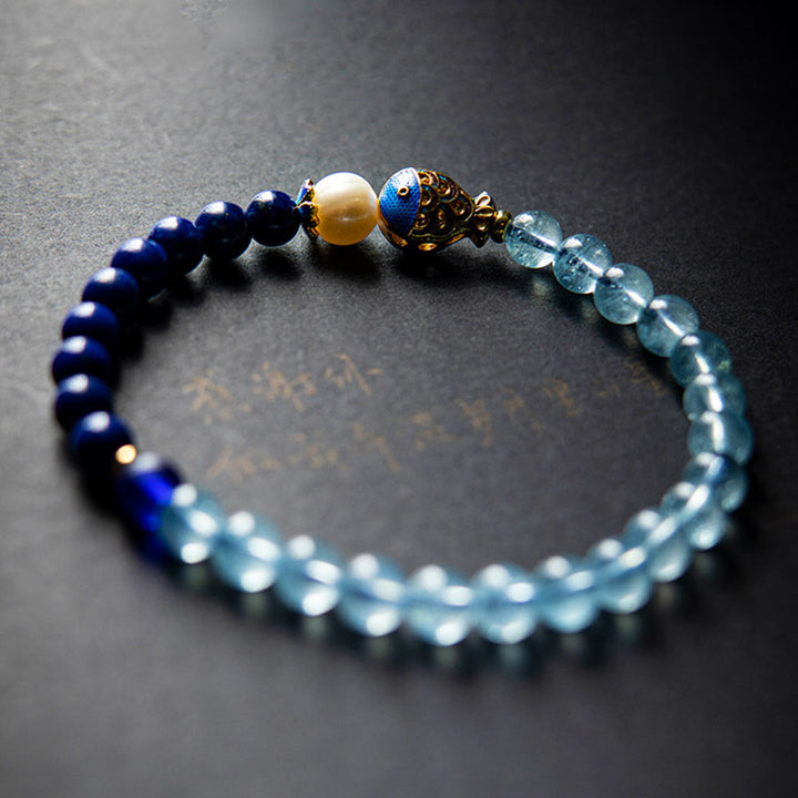 Braccialetto curativo con pesce in lazurite e acquamarina naturale Buddha Stones