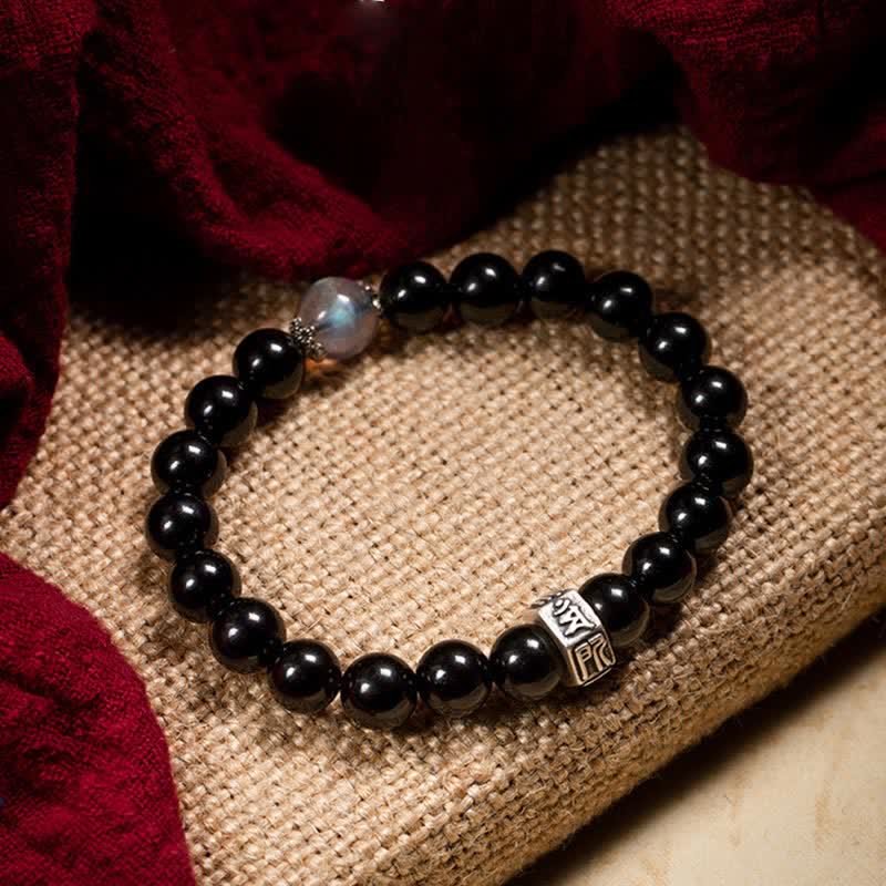 Braccialetto cinese zodiaco natale Buddha 925 argento sterling ossidiana nera pietra di luna forza