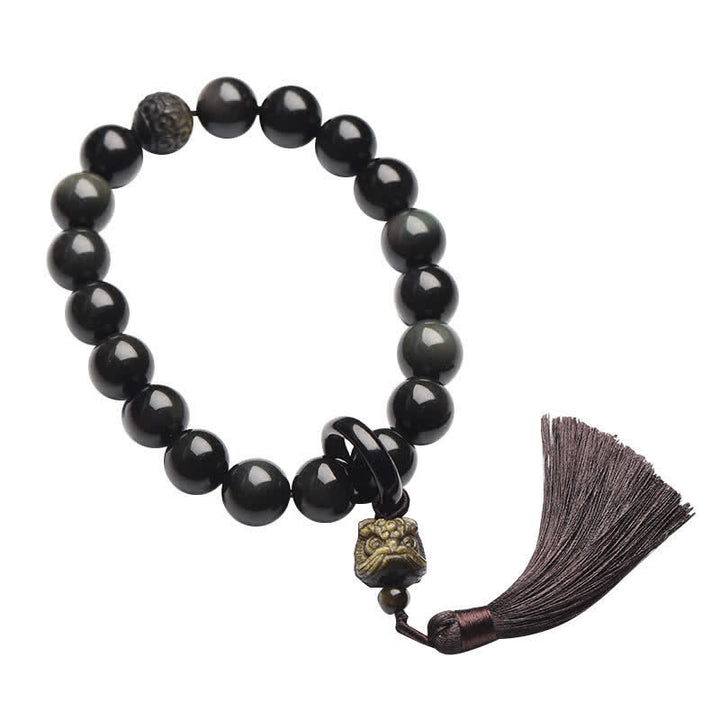 Buddha Stones Ossidiana nera naturale Leone Mala da polso Protezione Nappe Mala tascabile Decorazione per auto