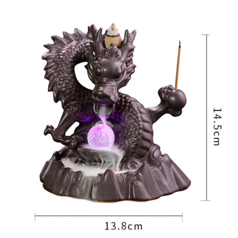 Buddha Stones Drago di buon auspicio Fontana di fumo a riflusso in ceramica Bruciatore di incenso di guarigione Meditazione Decorazione a sfera a LED