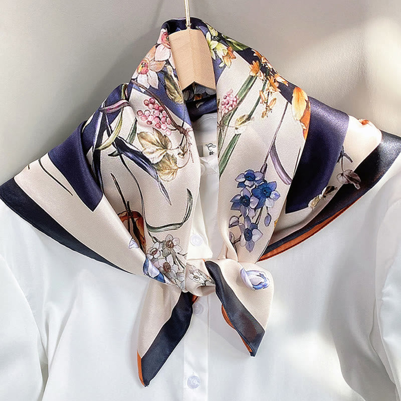 Sciarpa per capelli al collo in seta di gelso al 100%, motivo: Buddha Stones , scena pastorale, mongolfiera, fiori primaverili