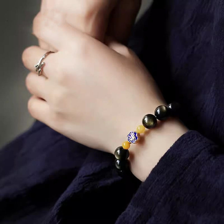 Bracciale Buddha Stones 925 Sterling Silver Zodiaco Cinese Buddha Natale Naturale Oro Lucentezza Ossidiana Ambra Protezione Ricchezza