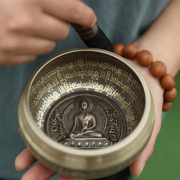 Buddha Stones Tibetan Sound Bowl realizzata a mano per concentrazione e meditazione Peaceful Happiness Singing Bowl Set