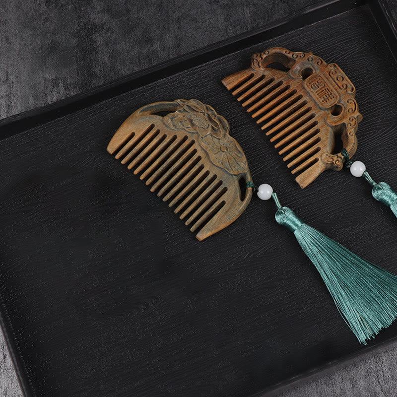 Pettine con nappa di cura inciso a forma di fiore di peonia volpe sandalo verde