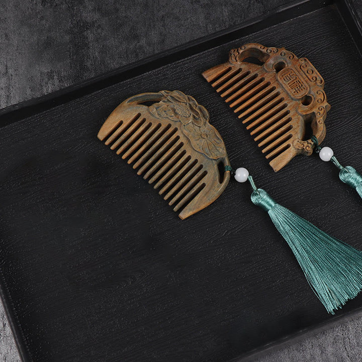 Pettine con nappa di cura inciso a forma di fiore di peonia volpe sandalo verde