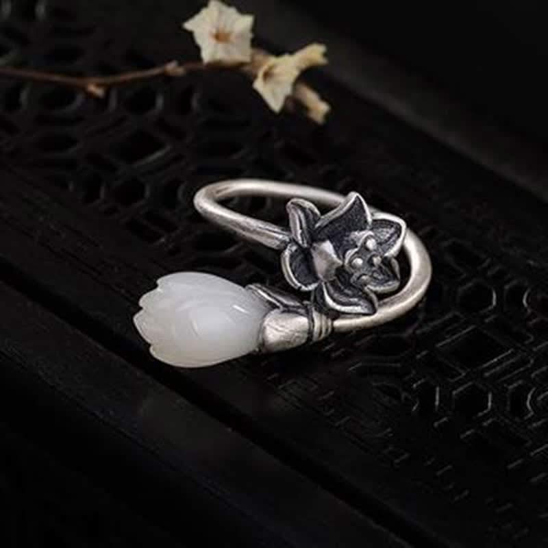 Anello regolabile Buddha Stones, giada, loto, rame, equilibrio, guarigione