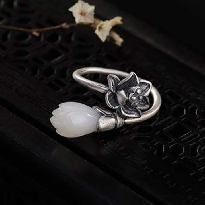 Anello regolabile Buddha Stones, giada, loto, rame, equilibrio, guarigione