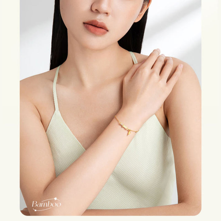 Bracciale Buddha Stones in argento sterling 925 placcato oro 18K con foglia di giada bianca e zircone di bambù