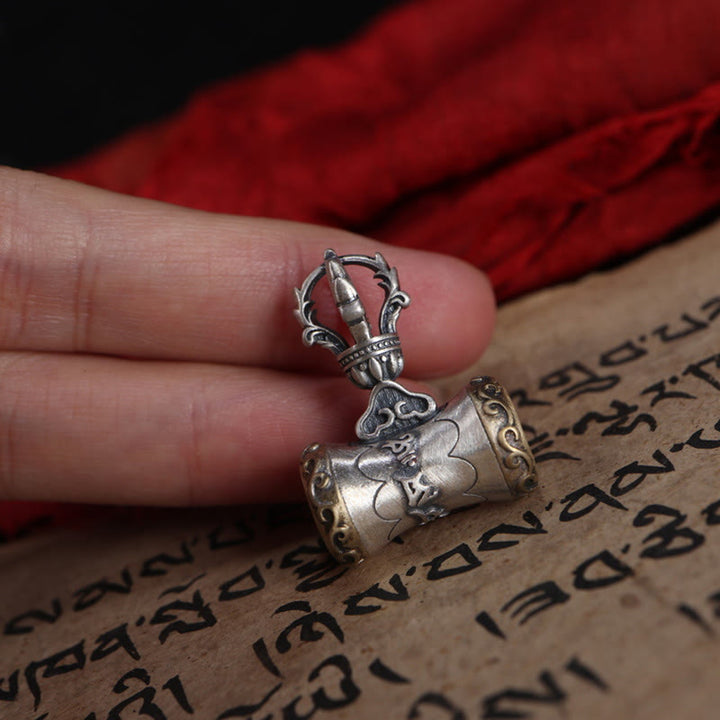 Buddha Stones Tibet 925 Sterling Silver Om Mani Padme Hum Dorje Campana Vajra Inciso Illuminazione Ciondolo Appeso Decorazione