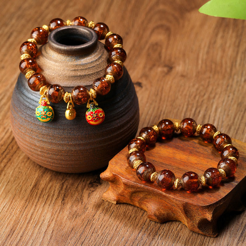 Buddha Stones Oro Deglutizione Bestia Famiglia Ciondolo Liuli Perline di Vetro Braccialetto della Fortuna